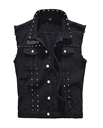 Herren Loose Fit Revers Jeansjacke Weste ärmellos Cowboy Biker-Jeans Jacke mit Nieten Denim Weste Weste Oberbekleidung Button-Down-Truckerjacke Weste L von YAOTT