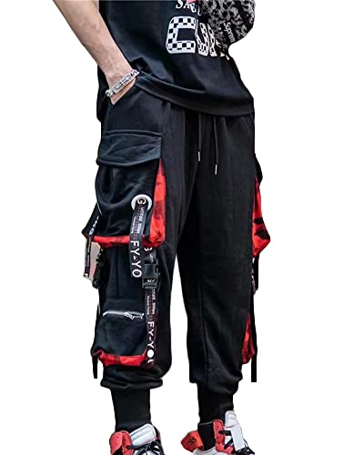 Herren Multi Pocket Hose Hip Hop Hose Motorradhose Cargo Hosen KampfhoseLockere Hose Sporthose Trainingshose Biker Hose Jogginghose Strassenmode Punk Hose Lässige Retro Schwarz 4K L von YAOTT