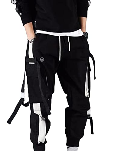 Herren Multi Pocket Hose Hip Hop Hose Motorradhose Cargo Hosen KampfhoseLockere Hose Sporthose Trainingshose Biker Hose Jogginghose Strassenmode Punk Hose Lässige Retro Schwarz18 L von YAOTT