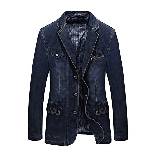 Herren Slim Fit Denim Sakko Sportlich Blazer Jackett Business Freizeit 3 Knöpfe Anzugsjacke Mehrere Taschen Denim Blazer Frühling Herbst Anzug Jacke Männer Jeansjacke Mantel Elegant Dunkelblau M von YAOTT