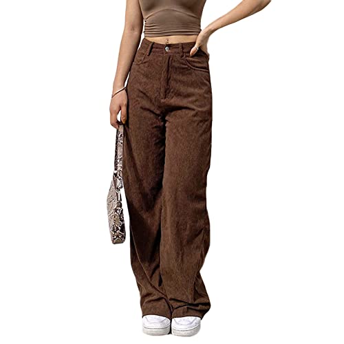 Hosen Damen Cordhosen Mode Hohe Taille Baumwolle Cord Hosen Frauen Bequem Freizeithose Retro Weites Bein Gerade Trousers Casual Pants Streetwear Loose Casual Baggy Hose Braun M von YAOTT