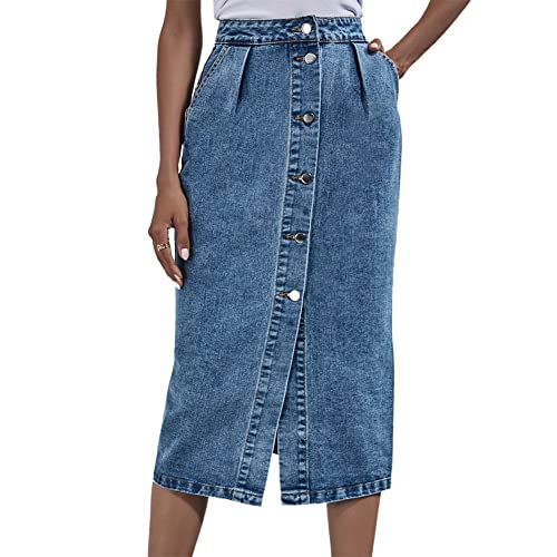 Jeansrock Damen Vintage Knielang Rock Lange Denim Röcke Frauen Knopfleiste Hohe Taille Bleistiftrock Wickelrock Bodycon Rock Casual Sommerrock Mode Gerade Schlitz Vorne Jeansrock mit Taschen Blau L von YAOTT