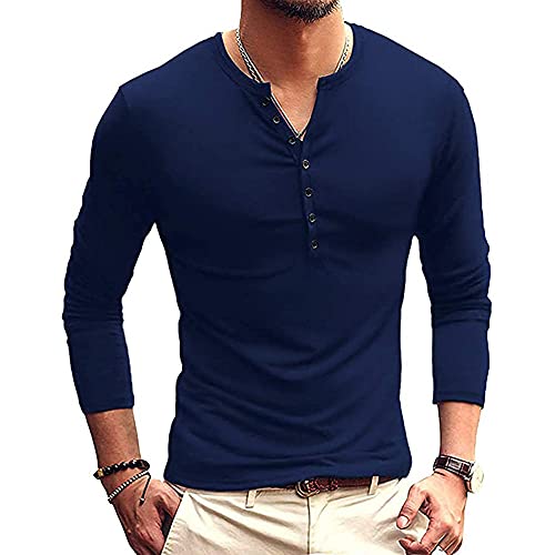 Langarmshirt Herren Longsleeve Knopfleiste T-Shirt Langarm Henley-Shirts mit Grandad-Ausschnitt Rundhals Slim Fit Top Einfarbig Baumwolle Langarm Unterzieh von YAOTT