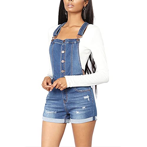 Latzhose Damen Denim Shorts Kurz Jeanslatzhose Denim Overall Jumpsuit Playsuit Träger Romper,Hohe Taille Zerrissene Jeans-Shorts Retro Hosenanzug Trägerhose Frauen Sommer Strampler Latzjeans L von YAOTT