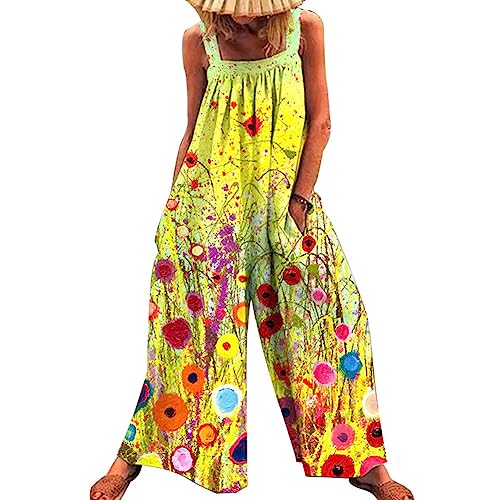 Latzhose Damen Elegant Sommer Hosenanzug Ärmellos Overall Bedruckte Baggy Strampler Lang Playsuit Romper Weites Bein Jumpsuits Beiläufig Frauen Vintage Loose Overalls Wide Leg Hose mit Taschen G M von YAOTT