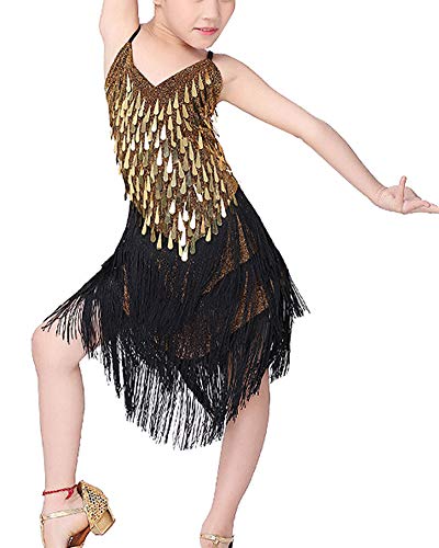 Mädchen Lateinisches Tanzkleid Paillette Tanzbekleidung für Latein Tango Ballsaal Salsa Tanzkostüm Schwarzes Gold Height 130cm von YAOTT