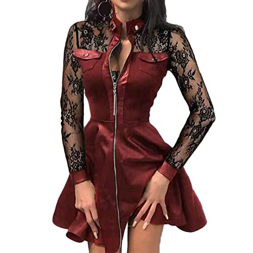Partykleider Damen Lederkleid Mode V-Ausschnitt Langarm Spitzen Patchwork Minikleid Mit Reißverschluss Bodycon Kurz Minikleid A Linie Cocktailkleid Clubwear,Rot2,5XL von YAOTT