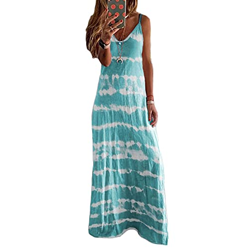 Sommerkleid Damen,Casual Lose Tanktop T-Shirt Kleid Freizeit Maxikleid In Übergröße Tunika Batik Gestreiftes Elegant Kleider Hippie Cool Ärmellos Langer Kleider,Blau1,L von YAOTT
