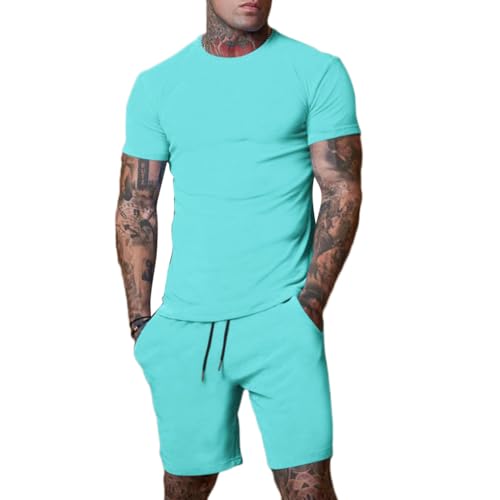 Trainingsanzug für Herren Sommer Sportanzug 2 Teiliges Outfit Sport Set Kurzarm T-Shirts + Kurze Hose Sets Freizeitanzug Männer Trainingsanzug Freizeit Jogginganzug,Blau,M von YAOTT