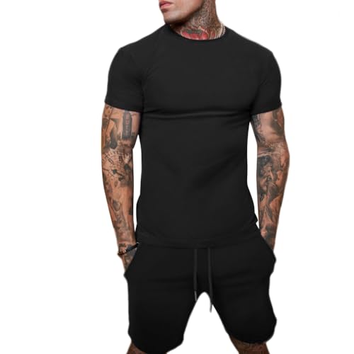 Trainingsanzug für Herren Sommer Sportanzug 2 Teiliges Outfit Sport Set Kurzarm T-Shirts + Kurze Hose Sets Freizeitanzug Männer Trainingsanzug Freizeit Jogginganzug,Schwarz,S von YAOTT
