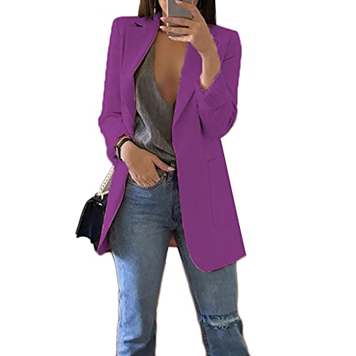 YAOTT Blazer Damen, Sakko Jacke Elegant Langarm Sweatblazer Cardigan Frauen Leicht Geschäft Büro Einfarbig Slim Fit Mantel Anzugjacke,Lila,L von YAOTT