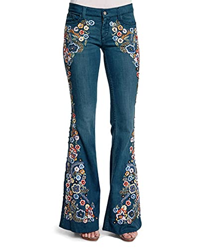 YAOTT Bull-Hose mit mittlerer Taille und Blumenstickerei Damen Jeans Bootcut Jeanshose Schlaghose Damen Hüftjeans Hüfthose bis Übergröße Bootcut Leg-Jeans Yoga Hose Schmale Leggings Dunkelblau M von YAOTT