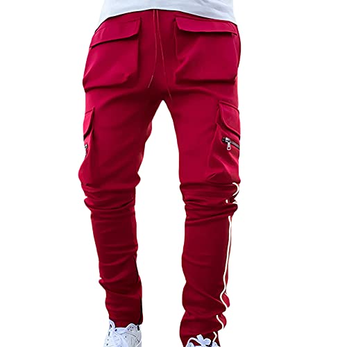 YAOTT Cargohose Herren Mit Reflektierenden Streifen, Multi-Tasche Cargohose Freizeithose Plus Size Gerade Joggerhose Loose Streetwear Trendy Regular Fit,Rot,XL von YAOTT