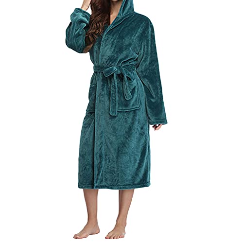 YAOTT Damen Bademantel Mit Kapuze,Langarm Fleece Bademantel Winter Luxury Warm Dick Morgenmantel Mit Kapuze Und Taschen,Elegant Langer Bademantel Pyjama Mit Gürtel,Grün2,M von YAOTT