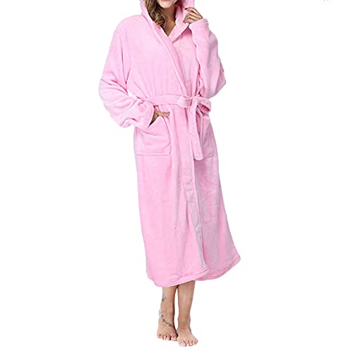 YAOTT Damen Bademantel Mit Kapuze,Langarm Fleece Bademantel Winter Luxury Warm Dick Morgenmantel Mit Kapuze Und Taschen,Elegant Langer Bademantel Pyjama Mit Gürtel,Rosa2,XL von YAOTT