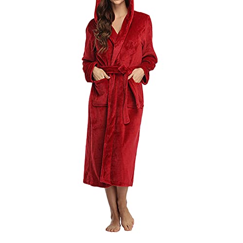 YAOTT Damen Bademantel Mit Kapuze,Langarm Fleece Bademantel Winter Luxury Warm Dick Morgenmantel Mit Kapuze Und Taschen,Elegant Langer Bademantel Pyjama Mit Gürtel,WeinRot,XL von YAOTT