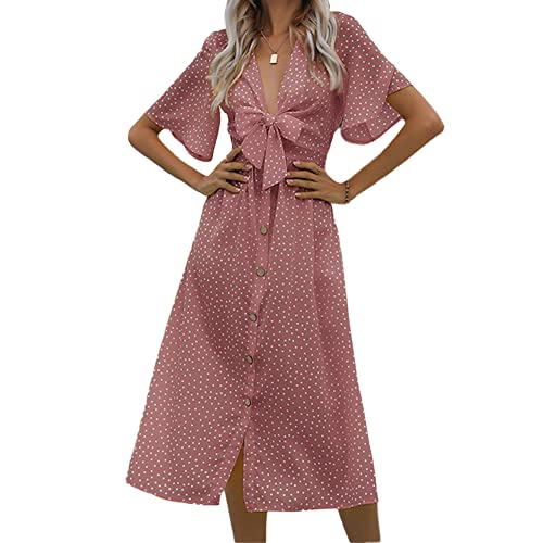 YAOTT Damen Boho Kleider Elegant Sommerkleid Lange Kleid mit Punktedruck V-Ausschnitt Minikleid Vorderer Knopf Polka Dot Partykleid Maxikleid Kurzarm V-Ausschnitt Strandkleid Freizeitkleid Stil A L von YAOTT