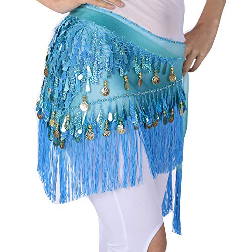 YAOTT Damen Chiffon Hüfttuch Münztuch Münzgürtel Bauchtanz Gürtel mit Pailletten und Münzen Bauchtanz Samba Belly Dance blauer See One Size von YAOTT