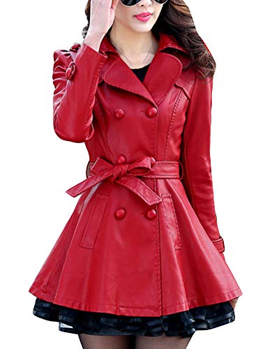 YAOTT Damen Eleganter Wintermantel Lange Kunstlederjacke Bikerjacke Fleece gefüttert PU-Leder Trenchcoat mit Gürtel Rotes Vlies M von YAOTT