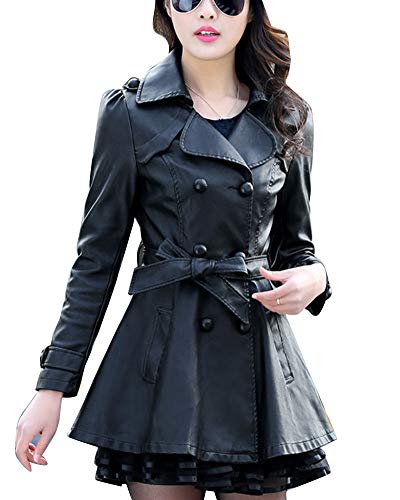 YAOTT Damen Eleganter Wintermantel Lange Kunstlederjacke Bikerjacke Fleece gefüttert PU-Leder Trenchcoat mit Gürtel Schwarz S von YAOTT