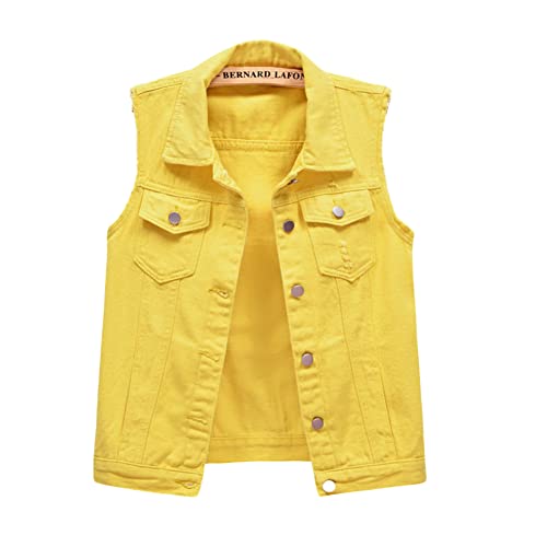 YAOTT Damen Gewaschener Jeansweste Ärmelloses Jeansjacke Outwear Ärmellos Einfache Beiläufige Jeansweste Knopf Umlegekragen Zerrissene Denim Weste mit Taschen Gelb L von YAOTT