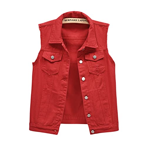 YAOTT Damen Gewaschener Jeansweste Ärmelloses Jeansjacke Outwear Ärmellos Einfache Beiläufige Jeansweste Knopf Umlegekragen Zerrissene Denim Weste mit Taschen rot XXL von YAOTT