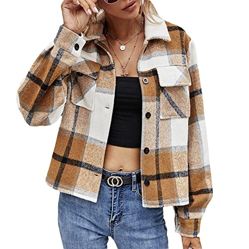 YAOTT Damen Karierte Jacke Übergangsjacke Kurzjacke Kurz Overshirt Kariertes Taschen Knöpfen Langarm Bluse Mantel Hemdjacke Holzfällerjacke Urban Style Hemdbluse Freizeit Karobluse Retro Karo Jacke von YAOTT
