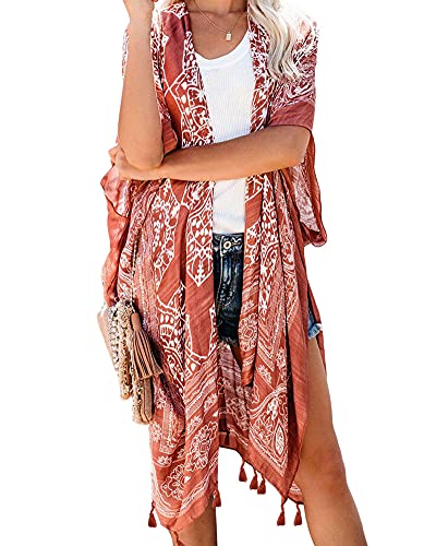 YAOTT Damen Kimono Cardigan Elegante Leichte Sommerjacke 3/4 Arm Casual Sommer Kimono Cardigan Jacke Shawl Blumen Beachwear Leichte Jacke Strand Cover Up für Urlaub,Rot,OneSize von YAOTT