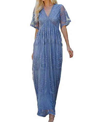 YAOTT Damen Kleider Spitze Lang V-Ausschnitt Negligee Schwangerschafts Umstandskleid Cocktailkleid Abendkleid Schwangere Fotografie Kleider Festlich Party Hochzeit Maxikleider,Blau,L von YAOTT