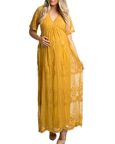 YAOTT Damen Kleider Spitze Lang V-Ausschnitt Negligee Schwangerschafts Umstandskleid Cocktailkleid Abendkleid Schwangere Fotografie Kleider Festlich Party Hochzeit Maxikleider,Gelb,S von YAOTT