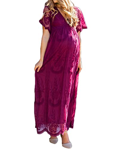 YAOTT Damen Kleider Spitze Lang V-Ausschnitt Negligee Schwangerschafts Umstandskleid Cocktailkleid Abendkleid Schwangere Fotografie Kleider Festlich Party Hochzeit Maxikleider,Lila Rot,M von YAOTT