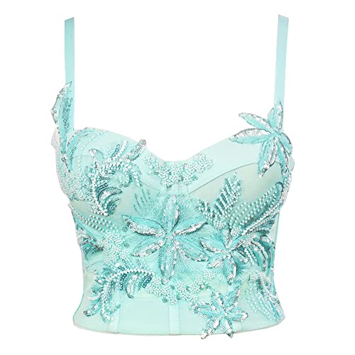 YAOTT Damen Korsagen Spaghetti-Träger-Korsett Camisole-Bustier Crop-Top-Unterwäsche Rückenfrei Perlen Pailletten Blumen Glitzer Party BH Dessous-Überbrust Korsetts Shapewear Outfit Corsage Grün L von YAOTT