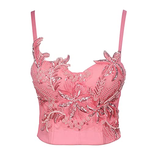 YAOTT Damen Korsagen Spaghetti-Träger-Korsett Camisole-Bustier Crop-Top-Unterwäsche Rückenfrei Perlen Pailletten Blumen Glitzer Party BH Dessous-Überbrust Korsetts Shapewear Outfit Corsage Pink L von YAOTT