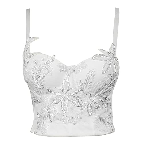 YAOTT Damen Korsagen Spaghetti-Träger-Korsett Camisole-Bustier Crop-Top-Unterwäsche Rückenfrei Perlen Pailletten Blumen Glitzer Party BH Dessous-Überbrust Korsetts Shapewear Outfit Corsage Weiß S von YAOTT