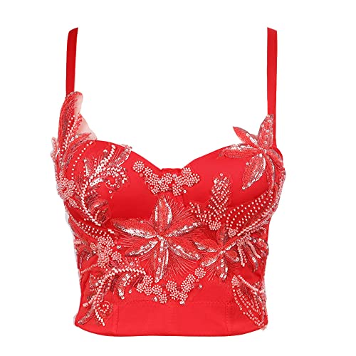 YAOTT Damen Korsagen Spaghetti-Träger-Korsett Camisole-Bustier Crop-Top-Unterwäsche Rückenfrei Perlen Pailletten Blumen Glitzer Party BH Dessous-Überbrust Korsetts Shapewear Outfit Corsage rot L von YAOTT