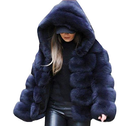 YAOTT Damen Kunstpelzfuchs Kapuzenjacke Cardigan Short Coat Outwear Warm Flauschige Fleece Oberteile Winter Elegant Warm Faux Fur Kunstfell Jacke Einfarbige Marine Blau XL von YAOTT