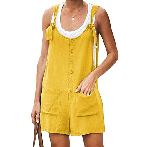 YAOTT Damen Kurz Latzhose Retro Overall Größe Jumpsuit Baggy Sommerhose Hosenanzug Playsuit Ärmellos Casual Playsuit Trägerhose Shorts Jumpsuit mit Tasche,Gelb,M von YAOTT