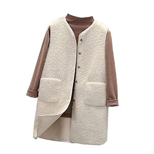 YAOTT Damen Lang Weste mit Stehkragen Ärmellos Knopf Weste Jacke Steppweste Plüschweste Bequem Cardigan Jacke Warm Fleeceweste Mantel Outdoor Leichte Mantel Pelzjacke Damenweste mit Taschen Beige L von YAOTT