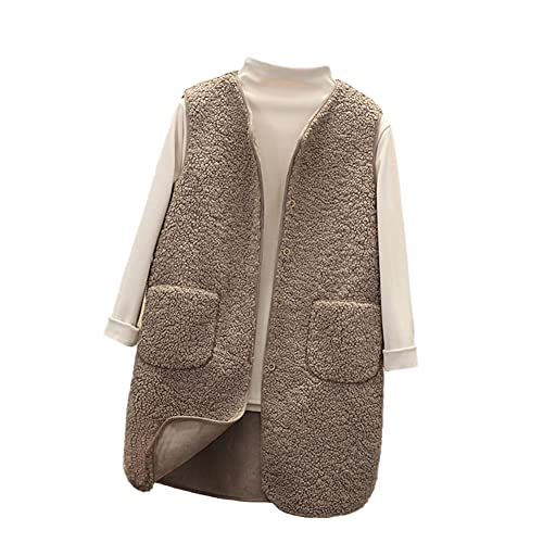 YAOTT Damen Lang Weste mit Stehkragen Ärmellos Knopf Weste Jacke Steppweste Plüschweste Bequem Cardigan Jacke Warm Fleeceweste Mantel Outdoor Leichte Mantel Pelzjacke Damenweste mit Taschen Khaki M von YAOTT