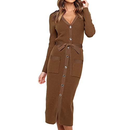 YAOTT Damen Langarm Pulloverkleid Warm Elegant V-Ausschnitt Etuikleid Mit Gürtel Einfarbig Langarm Stretch Strickkleid Mit Knöpfen Für Winter Herbst,Braun,XXL von YAOTT