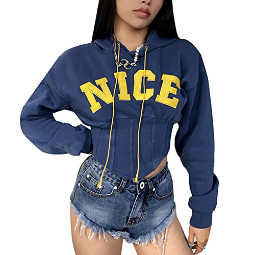 YAOTT Damen Langarm Top Lässiges Loses Sweatshirt Gothic Pullover Korsett Pullover Brief Bestickter Hoodie Hip Hop Lace-up Pullover Hoodie Ärmellose Tunika Kurzes Top Marine M von YAOTT