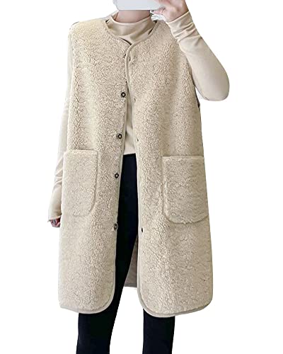 YAOTT Damen Lange Mantel Lammweste Herbst Winter Samt Kunstpelz Fellweste Jacke Winterjacke Einfarbig Weste Westen Plüsch Weste Körperwärmer Sherpa Ärmellose Jacke Beige M von YAOTT