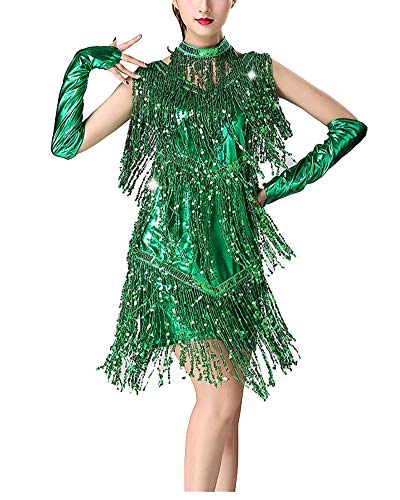 YAOTT Damen Latin Dance Ärmellos Tanzkleid Glänzend Paillette Tanzkleidung Kleid Rumba Cha Cha Tango Samba Latein Fasching Party Kleid Grün L von YAOTT