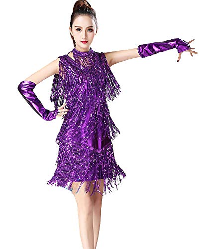 YAOTT Damen Latin Dance Ärmellos Tanzkleid Glänzend Paillette Tanzkleidung Kleid Rumba Cha Cha Tango Samba Latein Fasching Party Kleid Lila M von YAOTT