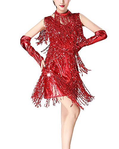 YAOTT Damen Latin Dance Ärmellos Tanzkleid Glänzend Paillette Tanzkleidung Kleid Rumba Cha Cha Tango Samba Latein Fasching Party Kleid rot M von YAOTT