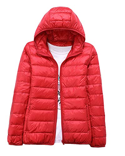 YAOTT Damen Leichte Kurze Daunenjacke Mit Kapuze Daunen Winterjacken Packable Übergangsjacke Steppjacke mit Reißverschlusstasche Hooded Warm Outerwear Slim Fit rot 3XL von YAOTT