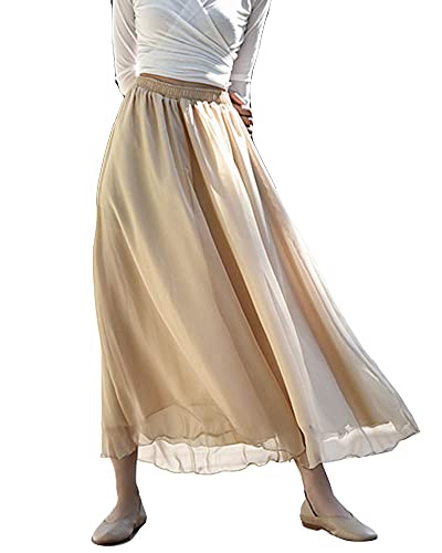 YAOTT Damen Plus Size 3/4 Caprihose Doppelte Chiffon-Culottes Yoga Caprihose Pumphose Freizeithose Hosenrock mit Kordelzug Sommerhose Große Größe Aprikose L von YAOTT