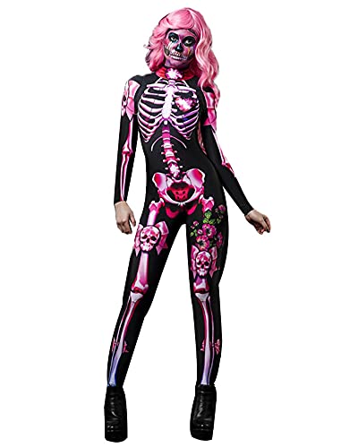 YAOTT Damen Rosa Overall Karneval Halloween Eltern-Kind-Set Cosplay Party Urlaub Kostüm 3D Totenkopf Langarm Overall Erwachsene Kinder Universal Bekleidung Strumpfhosen Rosa 150Child von YAOTT