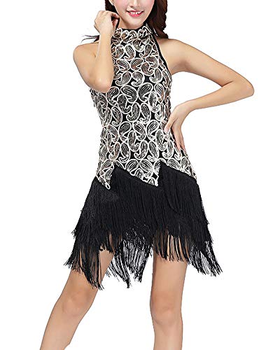 YAOTT Damen Tanzkleidung Quaste Pailletten Tanzkostüm Samba Tango Rumba Ballroom Partykleider Latein Kleid Schwarzes Gold One Size von YAOTT