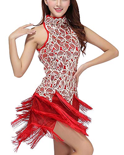 YAOTT Damen Tanzkleidung Quaste Pailletten Tanzkostüm Samba Tango Rumba Ballroom Partykleider Latein Kleid rot One Size von YAOTT